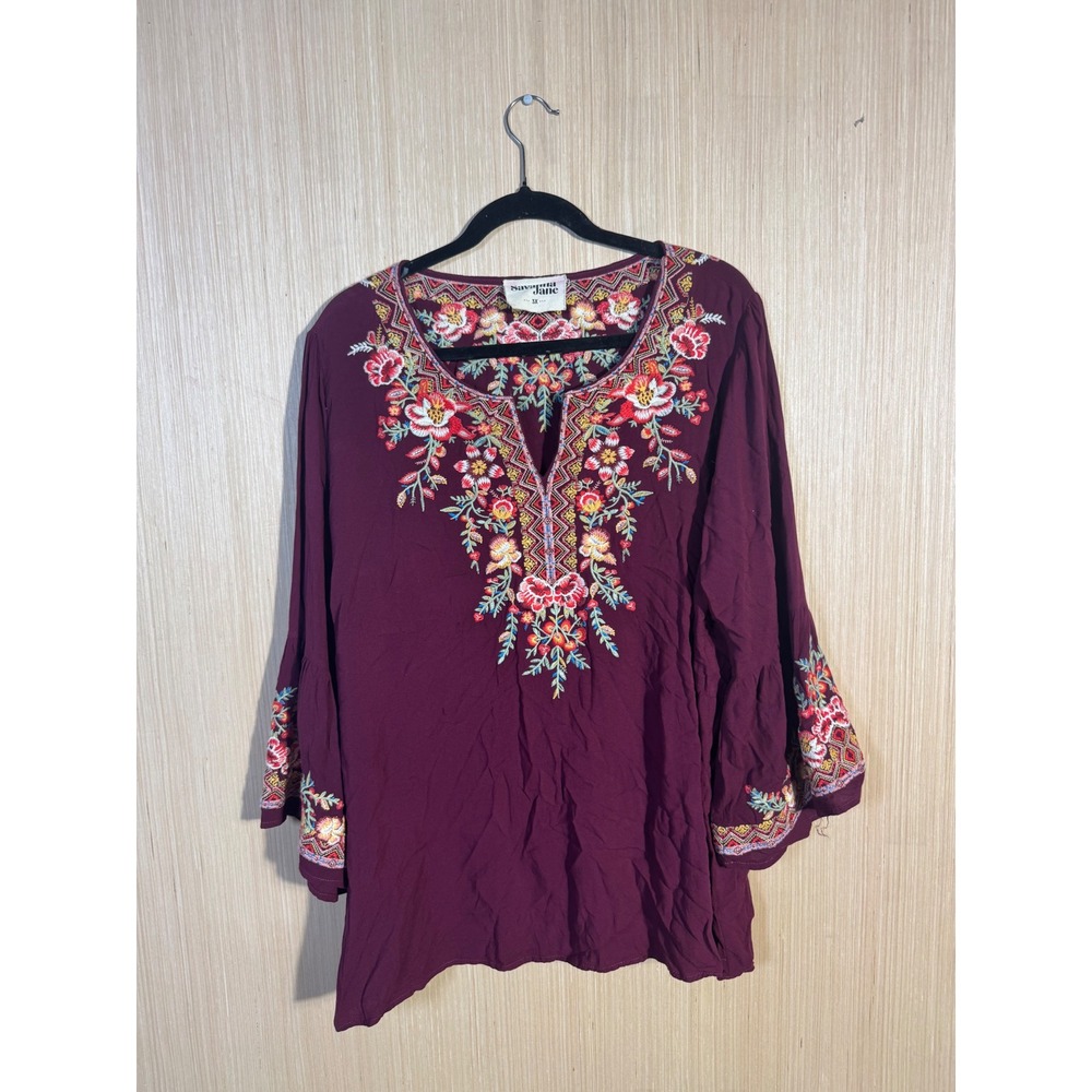Savanna Jane Womens 3X Maroon Floral Embroidered Bell Sleeve Boho Blouse PK17765